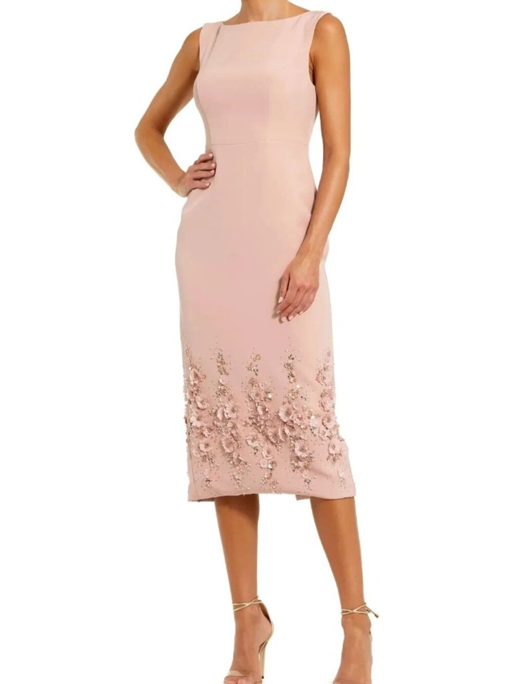 Mac Duggal Vintage Lilac Crepe Sleeveless Floral Beaded Midi Dress